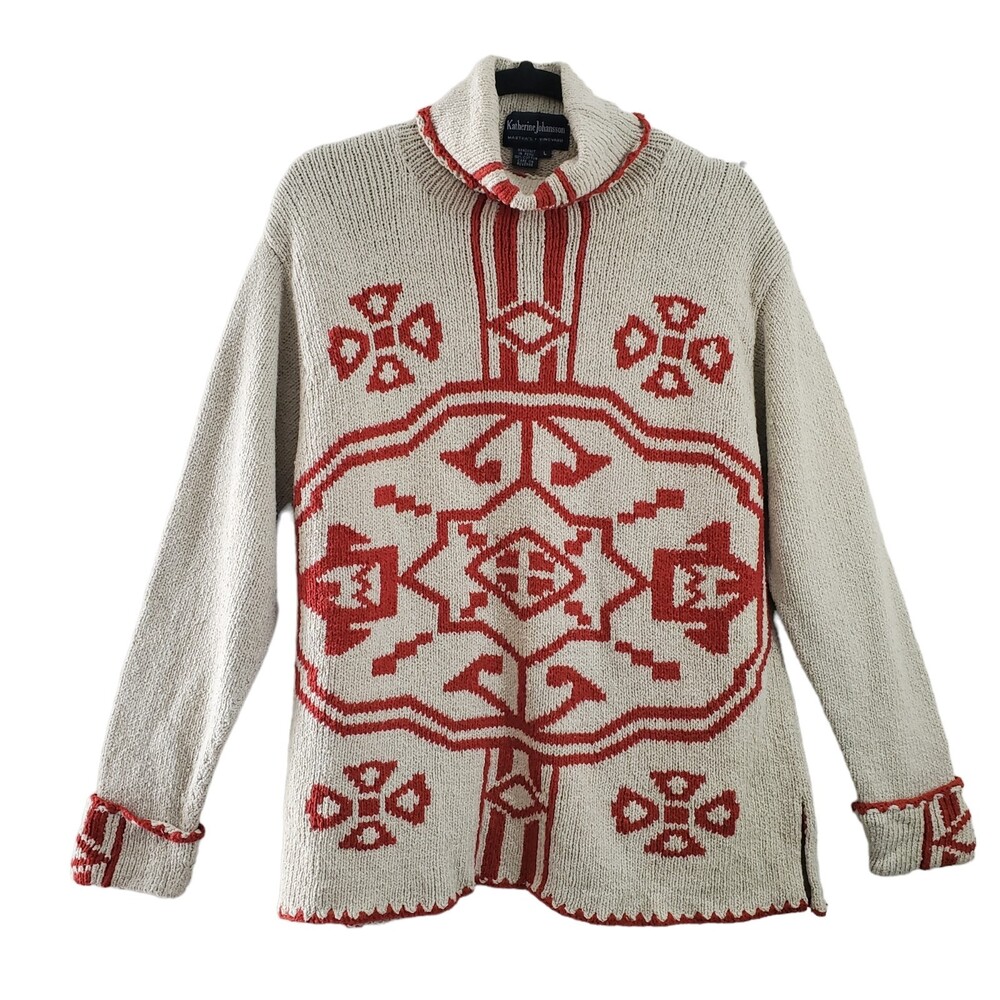 Katherine Johansson L 100% Cotton Peruvian Knit Turtleneck Sweater Beige Red